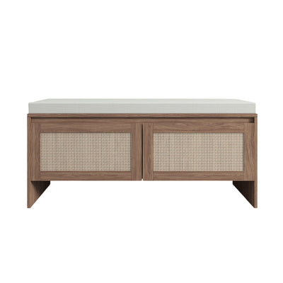 Storage Bench With Cushion, Shoe Cabinet With 2 Doors - Antique Natural / Rattan