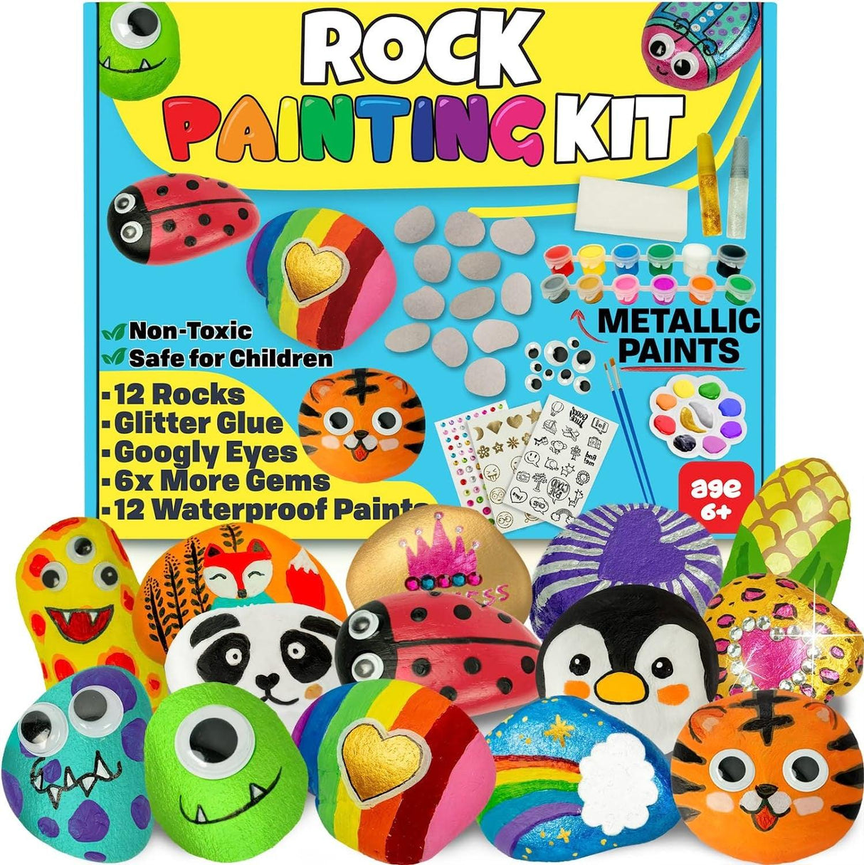 Deluxe Rock Painting Kit Arts and Crafts Girls Boys Age 6+ 12 Rocks Art Set Waterproof Paints WoodArtSupply