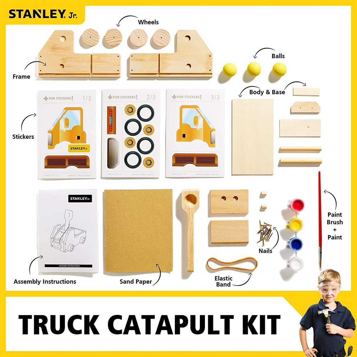 DIY Truck Catapult Building Kit for Kids Yellow Wood Construction Toy Beginning Woodworking Set with Paints WoodArtSupply