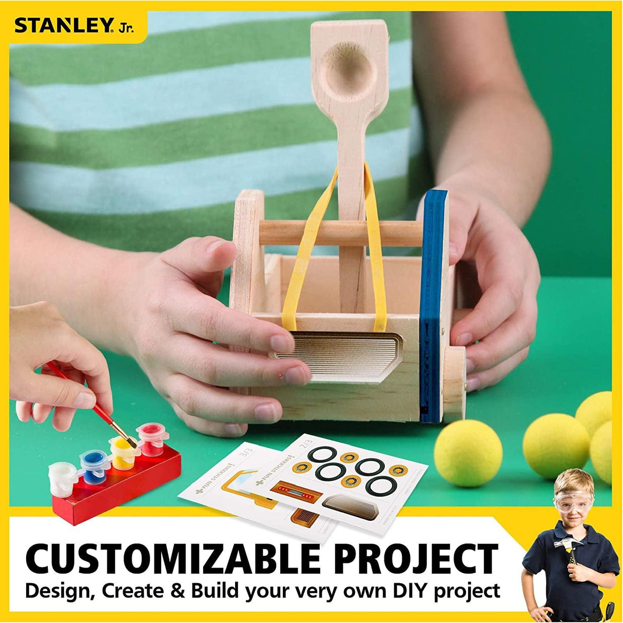DIY Truck Catapult Building Kit for Kids Yellow Wood Construction Toy Beginning Woodworking Set with Paints WoodArtSupply