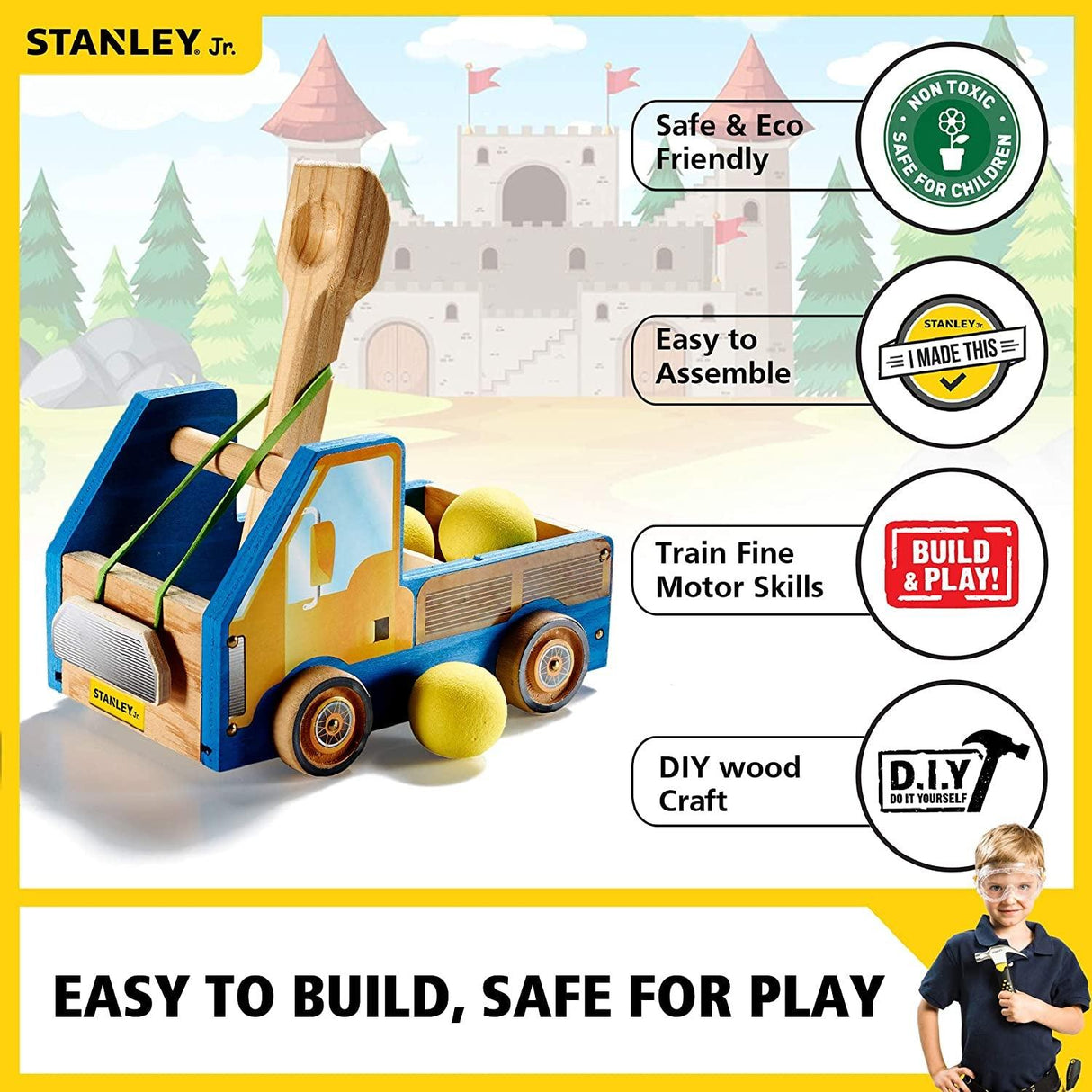 DIY Truck Catapult Building Kit for Kids Yellow Wood Construction Toy Beginning Woodworking Set with Paints WoodArtSupply