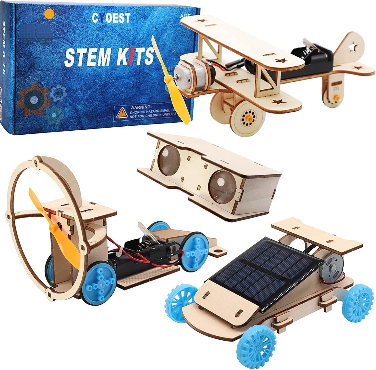 DIY Wooden Science Model Kit Solar Power Car,Electric Motor Biplane Glider,Toy Binoculars and Wind Power Car,Stem 4 in 1 Set WoodArtSupply