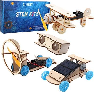 DIY Wooden Science Model Kit Solar Power Car,Electric Motor Biplane Glider,Toy Binoculars and Wind Power Car,Stem 4 in 1 Set