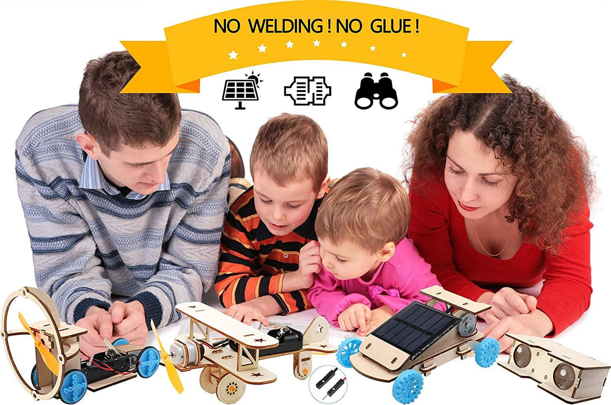 DIY Wooden Science Model Kit Solar Power Car,Electric Motor Biplane Glider,Toy Binoculars and Wind Power Car,Stem 4 in 1 Set WoodArtSupply