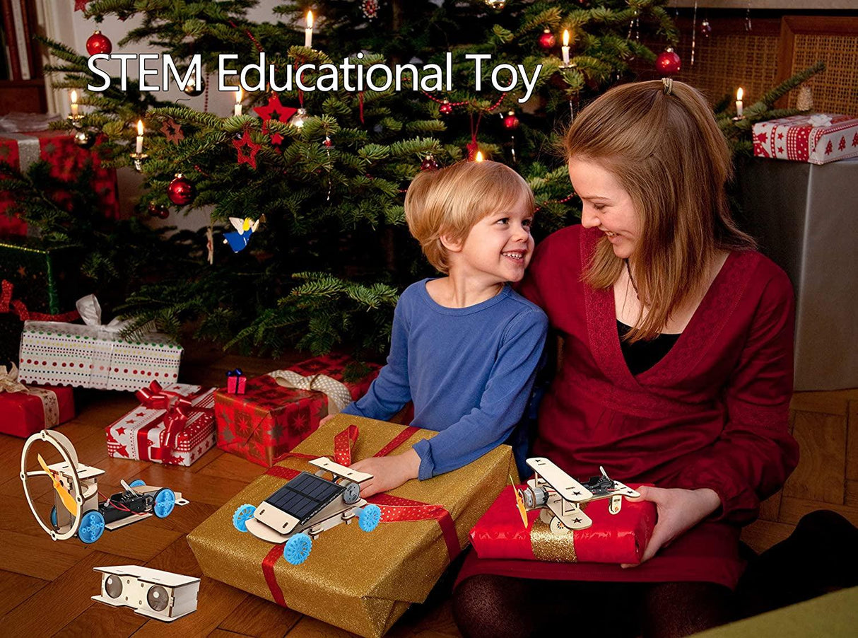 DIY Wooden Science Model Kit Solar Power Car,Electric Motor Biplane Glider,Toy Binoculars and Wind Power Car,Stem 4 in 1 Set WoodArtSupply