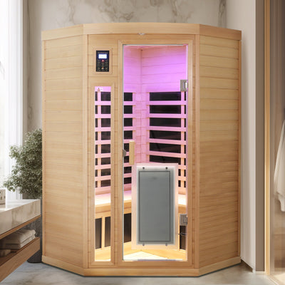 Low EMF, there is also a heating plate on the glass door, can be placed on the pentagon in the corner of the room, Hemlock wood Far-infrared indoor Two person sauna room