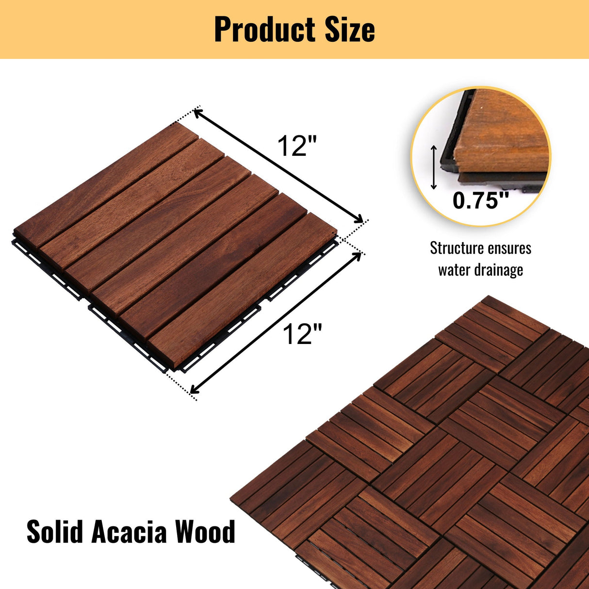 Interlocking Deck Tiles Striped Pattern Waterproof Brown