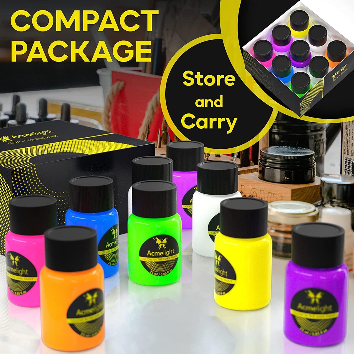 Glow in the Dark Acrylic Paint - Fluorescent Paint for Canvas - Neon Craft Paint - Blacklight Paint Set WoodArtSupply