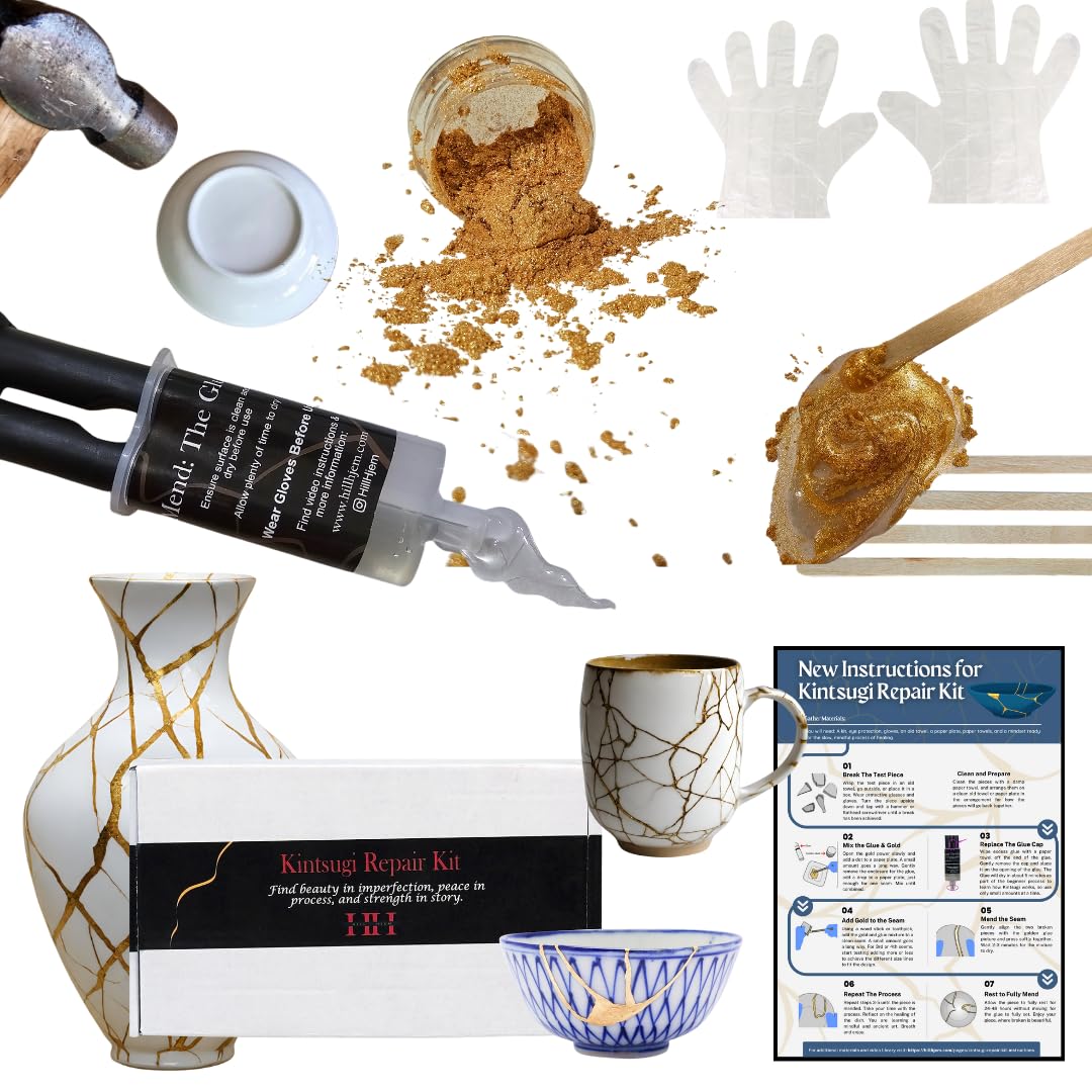 Hill Hjem Food Safe Kintsugi Repair Kit, Updated Instuctions for The Complete DIY Set for Kintsugi Pottery Restoration Includes Gold Dust, Glue, Practice Dish, Wood Sticks, Gloves, for Beginners Hill Hjem