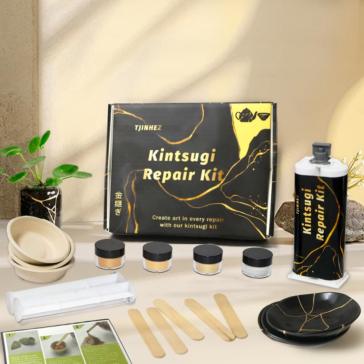 Kintsugi Repair Kit, Food Safe Gold & Silver Kintsugi Kit for Broken Ceramics, Glass, Jade and Sculptures, Japanese Art Craft with Gold Glue for Ceramics and Porcelain Repair Restoration TJINHEZ