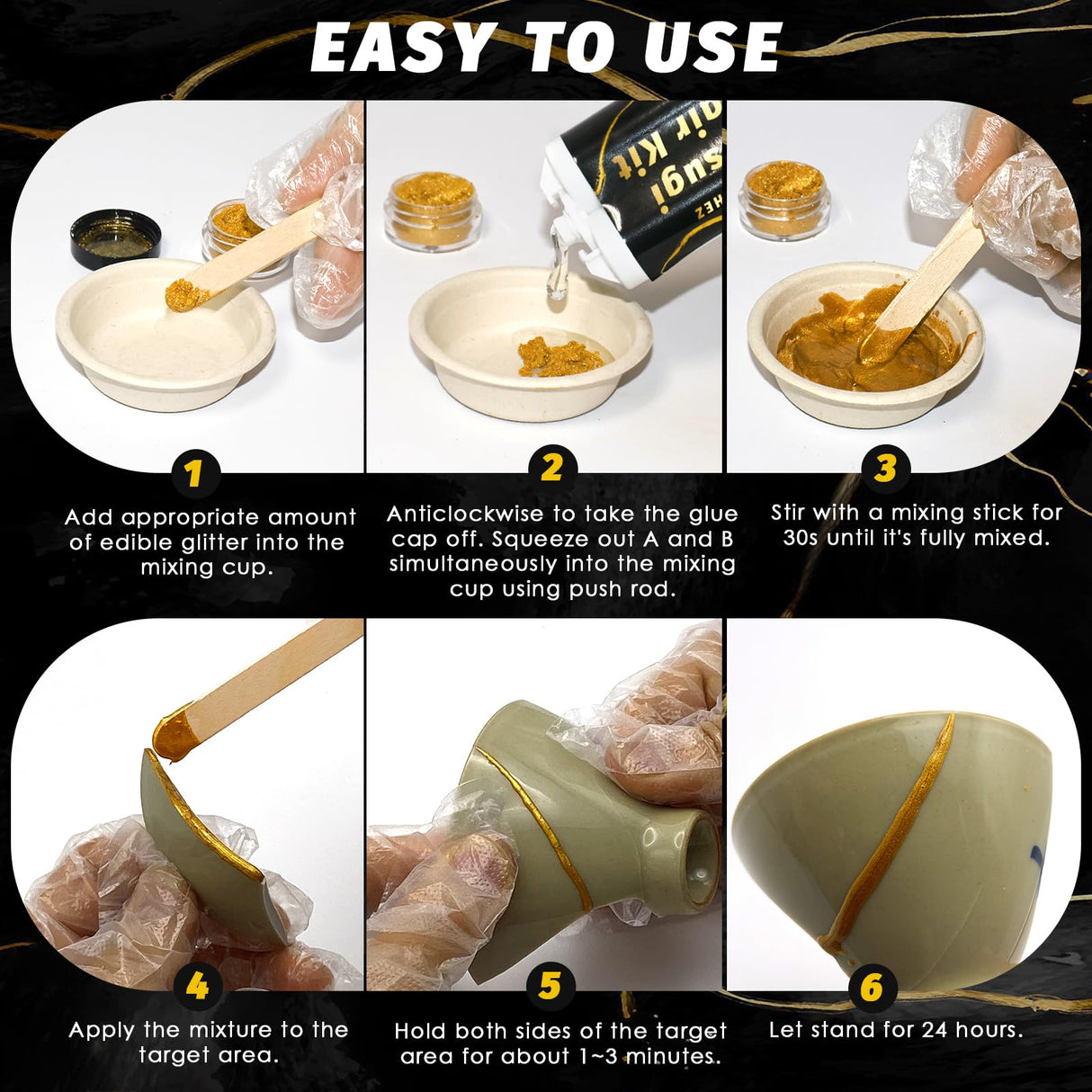 Kintsugi Repair Kit, Food Safe Gold & Silver Kintsugi Kit for Broken Ceramics, Glass, Jade and Sculptures, Japanese Art Craft with Gold Glue for Ceramics and Porcelain Repair Restoration TJINHEZ