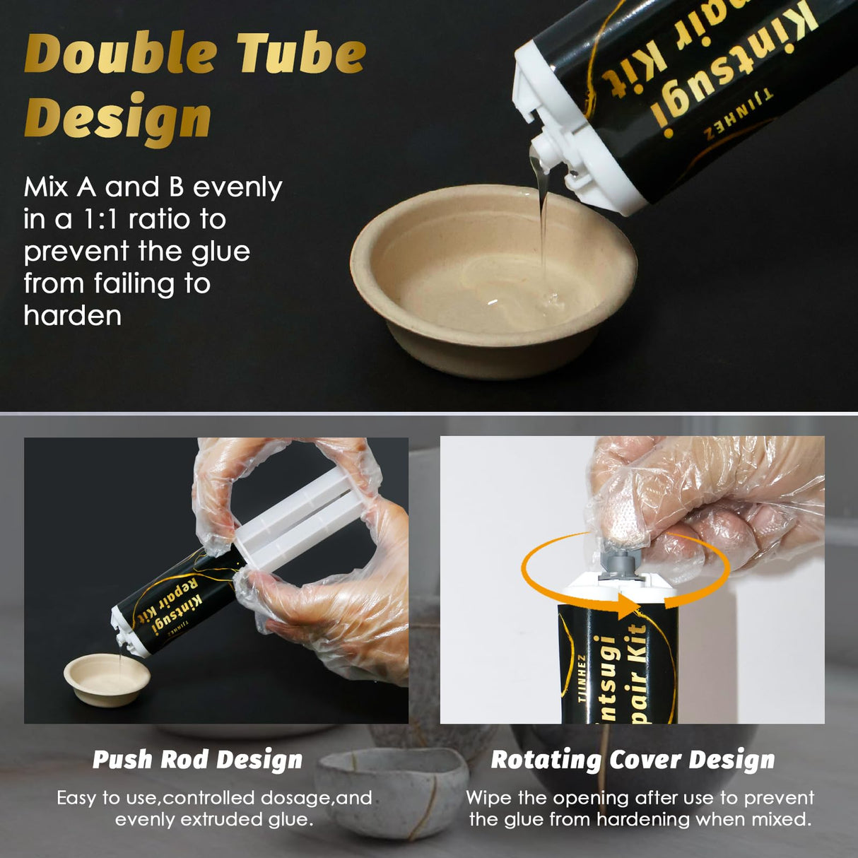 Kintsugi Repair Kit, Food Safe Gold & Silver Kintsugi Kit for Broken Ceramics, Glass, Jade and Sculptures, Japanese Art Craft with Gold Glue for Ceramics and Porcelain Repair Restoration TJINHEZ