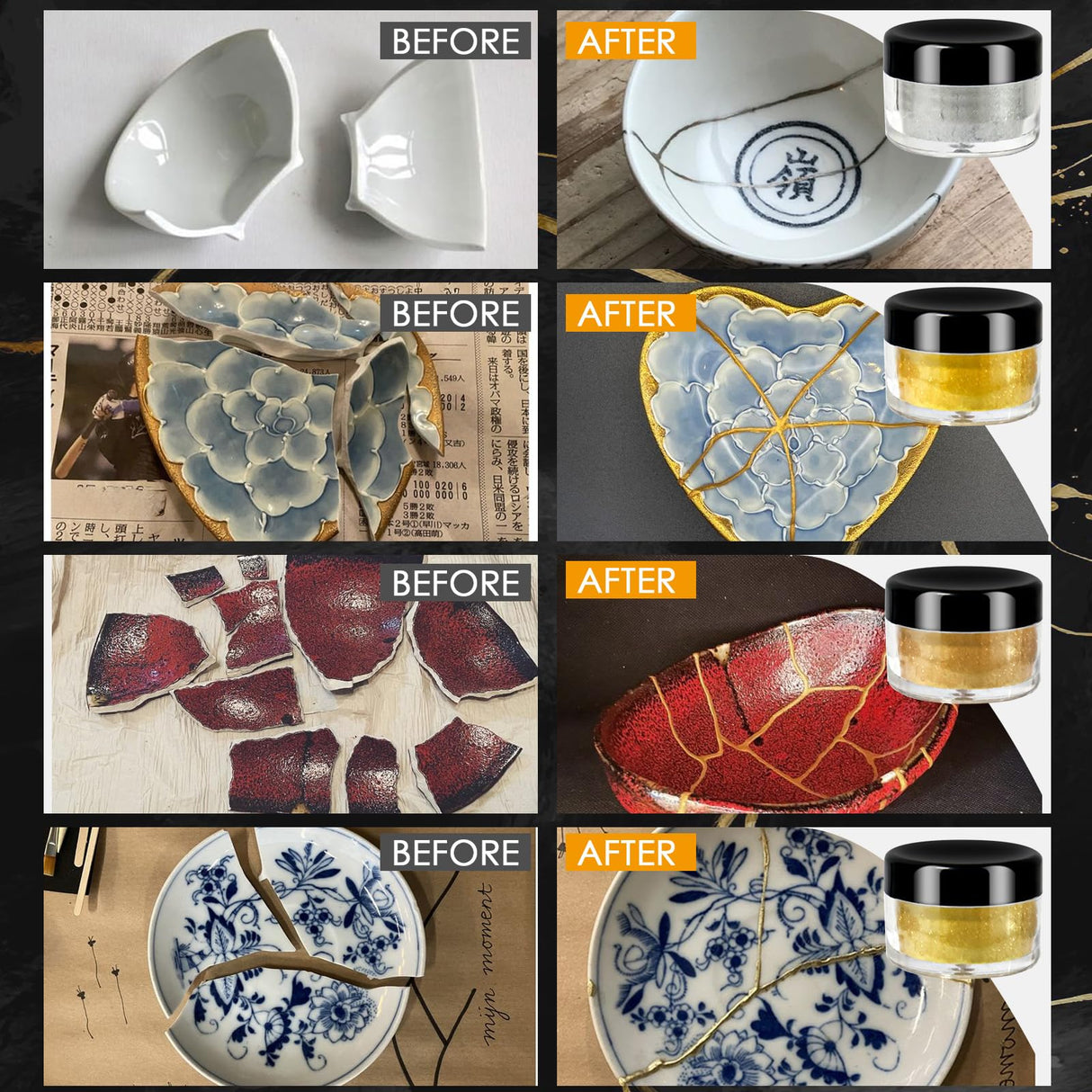 Kintsugi Repair Kit, Food Safe Gold & Silver Kintsugi Kit for Broken Ceramics, Glass, Jade and Sculptures, Japanese Art Craft with Gold Glue for Ceramics and Porcelain Repair Restoration TJINHEZ