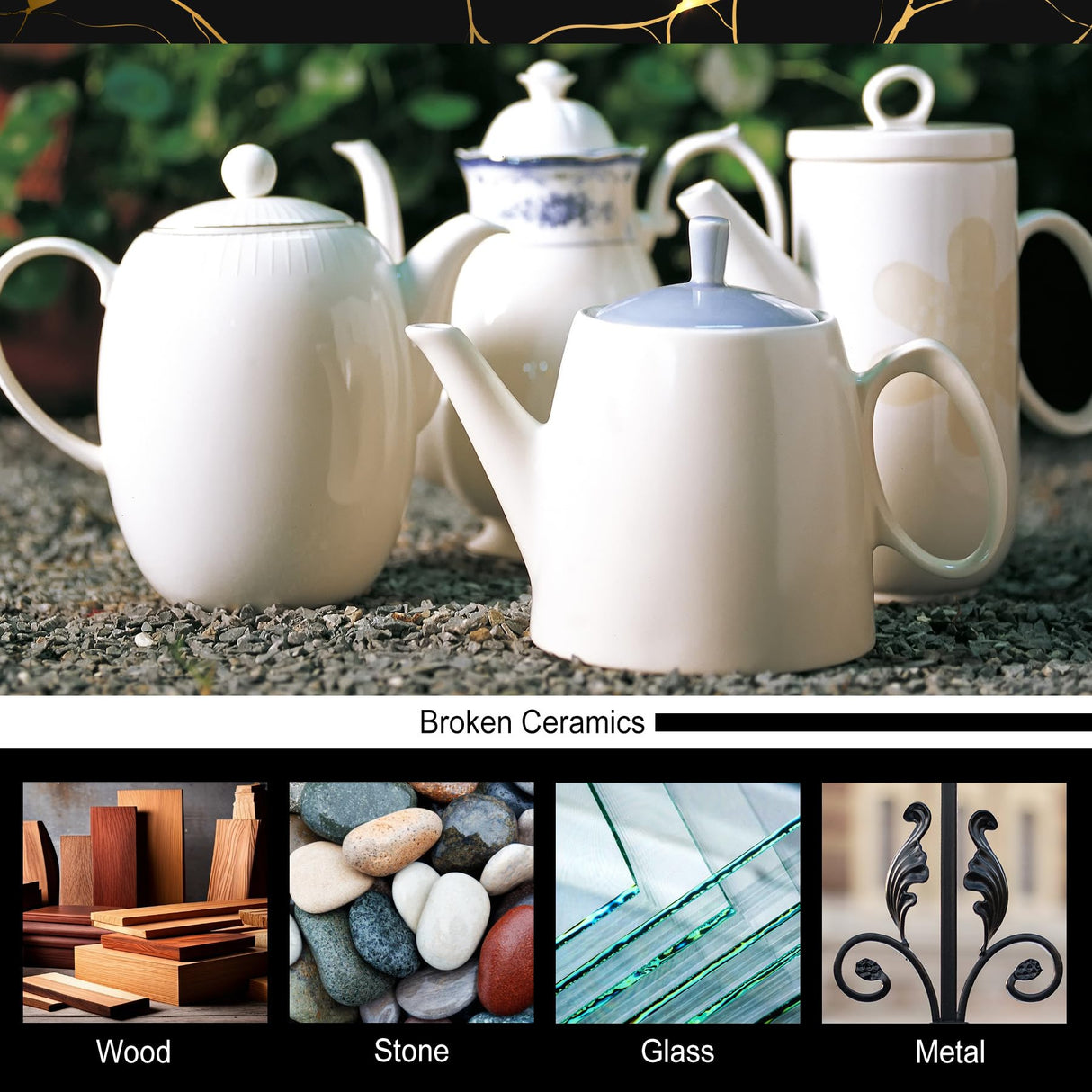 Kintsugi Repair Kit - Food Safe Kintsugi Kit Repairs Broken Ceramics, Glass, Jade, Sculptures, Meaningful Pottery - Gold Kintsugi Glue for Ceramics and Porcelain Repair, Japanese Art Kintsugi Craft DecorRom