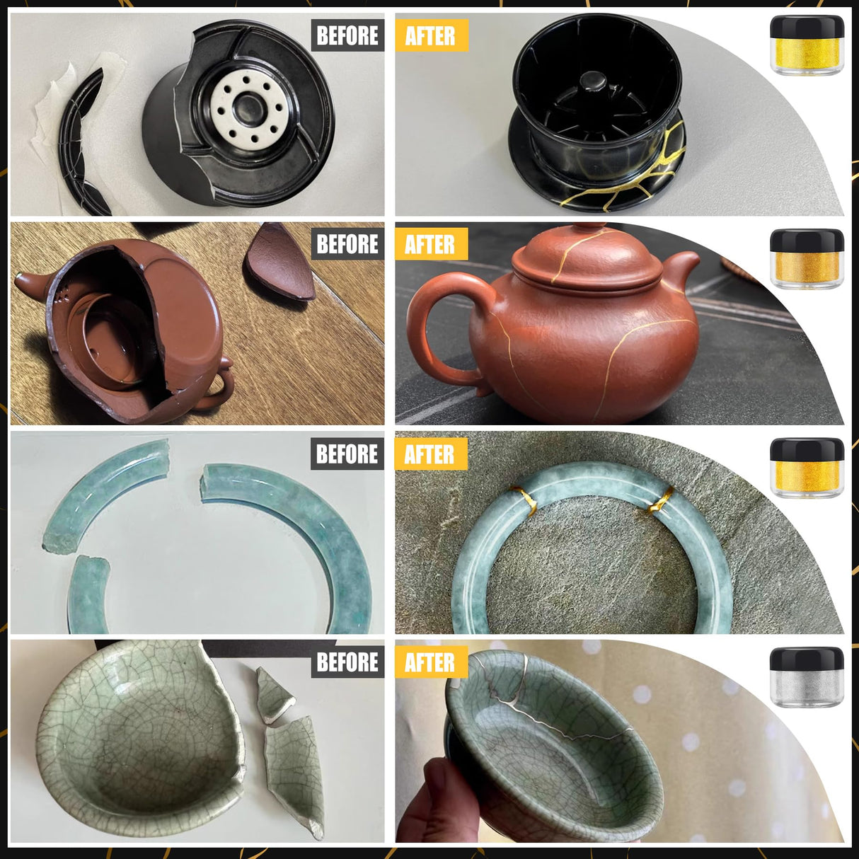 Kintsugi Repair Kit - Food Safe Kintsugi Kit Repairs Broken Ceramics, Glass, Jade, Sculptures, Meaningful Pottery - Gold Kintsugi Glue for Ceramics and Porcelain Repair, Japanese Art Kintsugi Craft DecorRom