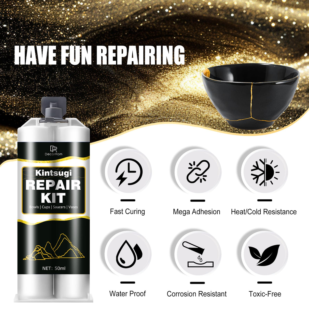 Kintsugi Repair Kit - Food Safe Kintsugi Kit Repairs Broken Ceramics, Glass, Jade, Sculptures, Meaningful Pottery - Gold Kintsugi Glue for Ceramics and Porcelain Repair, Japanese Art Kintsugi Craft DecorRom