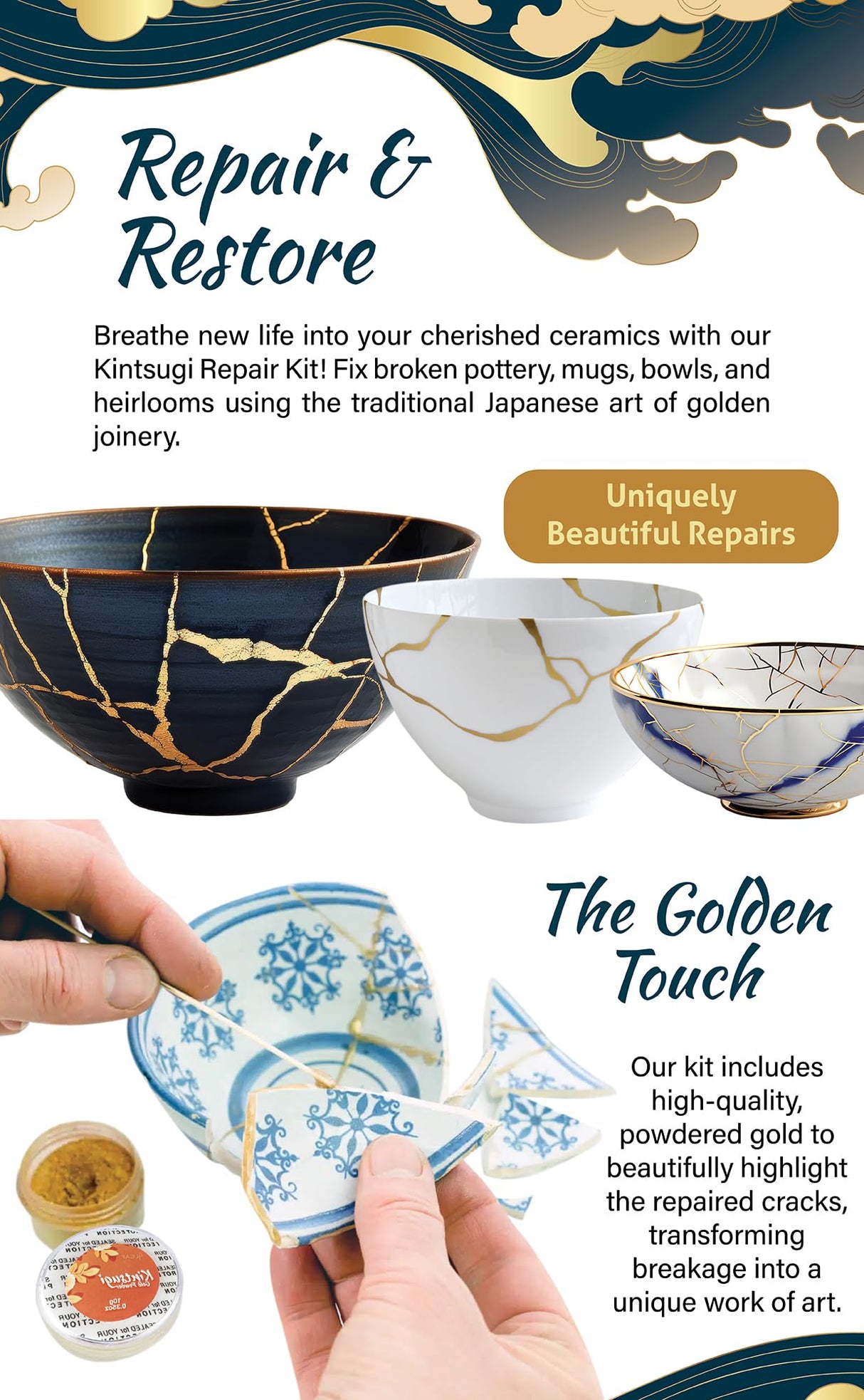 Kintsugi Repair Kit for Ceramics, Kintsugi Japanese Pottery Repair Kit w/Practice Bowls, Gold Powder, Pottery Repair Epoxy Glue, Crafts for All Skill Levels, Restore Meaningful Broken Porcelain Items 4LEAF TREASURE