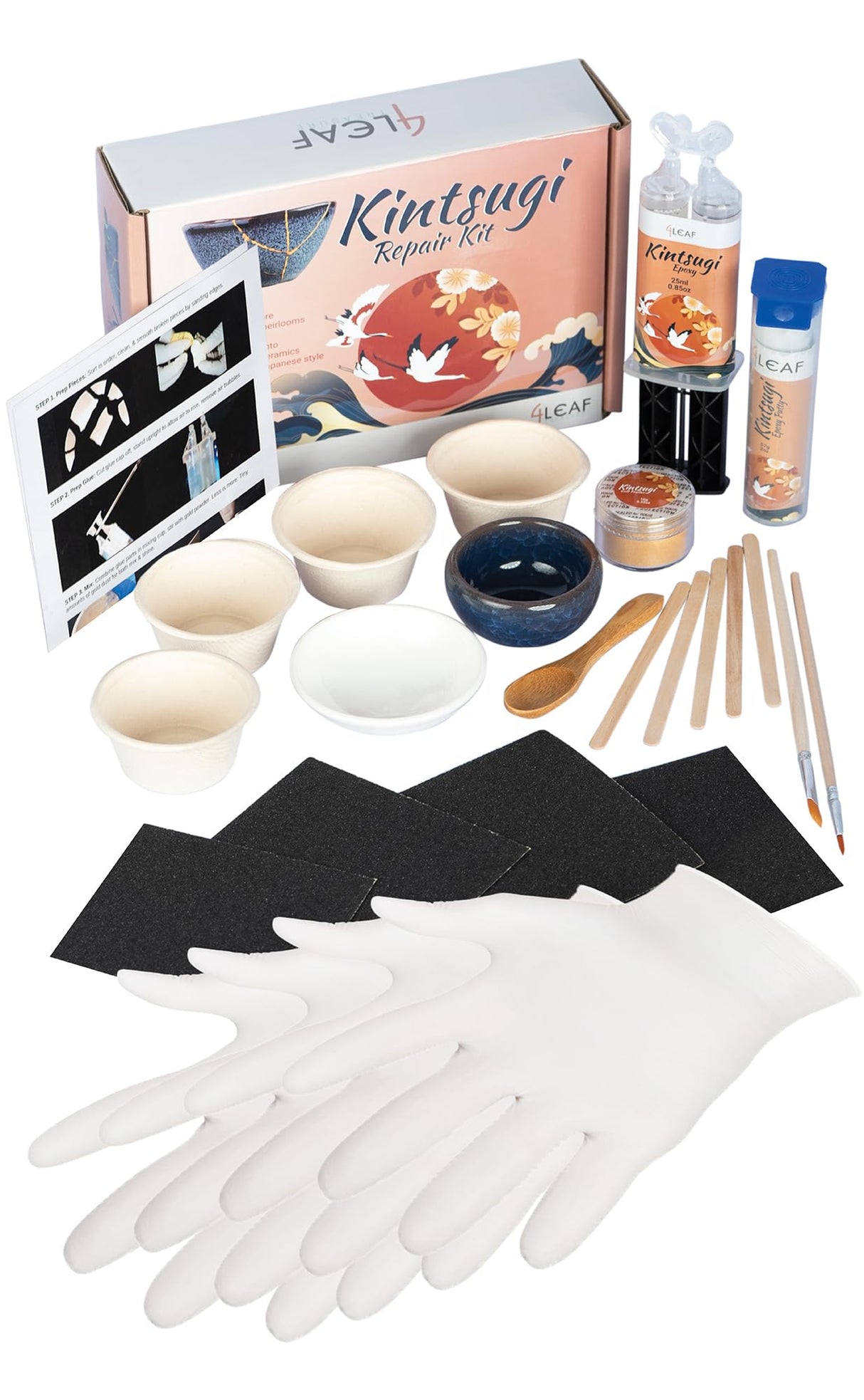 Kintsugi Repair Kit for Ceramics, Kintsugi Japanese Pottery Repair Kit w/Practice Bowls, Gold Powder, Pottery Repair Epoxy Glue, Crafts for All Skill Levels, Restore Meaningful Broken Porcelain Items 4LEAF TREASURE