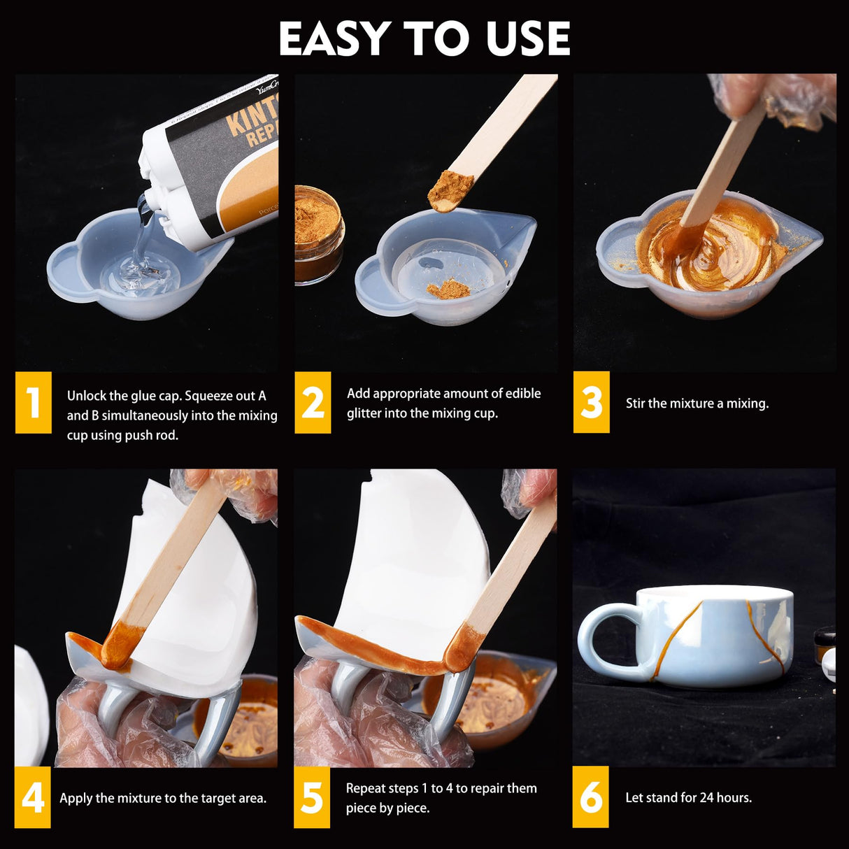 Kintsugi Repair Kit Gold & Silver, 50ml Kintsugi Glue for Broken Ceramics, Bowls, Cups, Porcelain, Glass, Food Safe Pottery Repair Kit for Repair Meaningful Gifts, Jade, Sculpture, Vase, Mug YumCraft