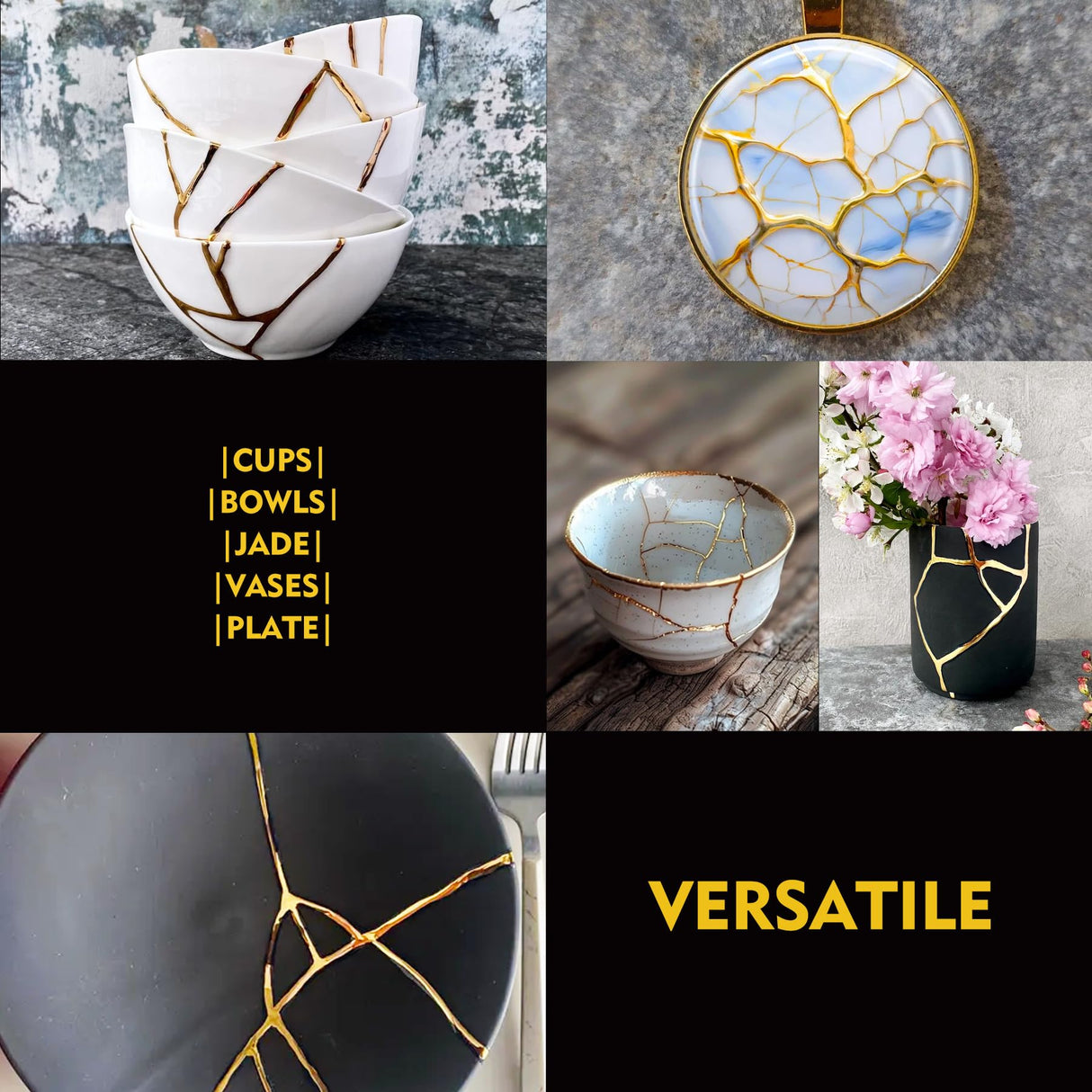 Kintsugi Repair Kit Gold & Silver, 50ml Kintsugi Glue for Broken Ceramics, Bowls, Cups, Porcelain, Glass, Food Safe Pottery Repair Kit for Repair Meaningful Gifts, Jade, Sculpture, Vase, Mug YumCraft