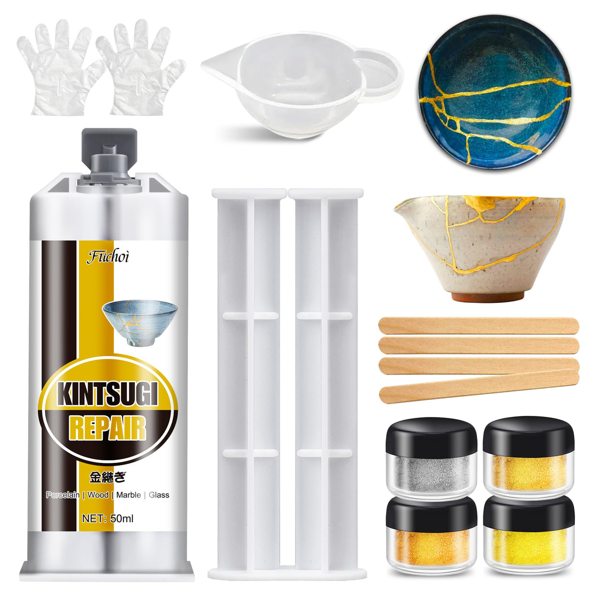 Kintsugi Repair Kit Gold & Silver - Food Safe Ceramic Glue for Broken Pottery, Porcelain, Bowls, Glass | Japanese Kintsugi Glue Perfect for Beginners Restoring Meaningful Gifts, 50ml Fuchoi