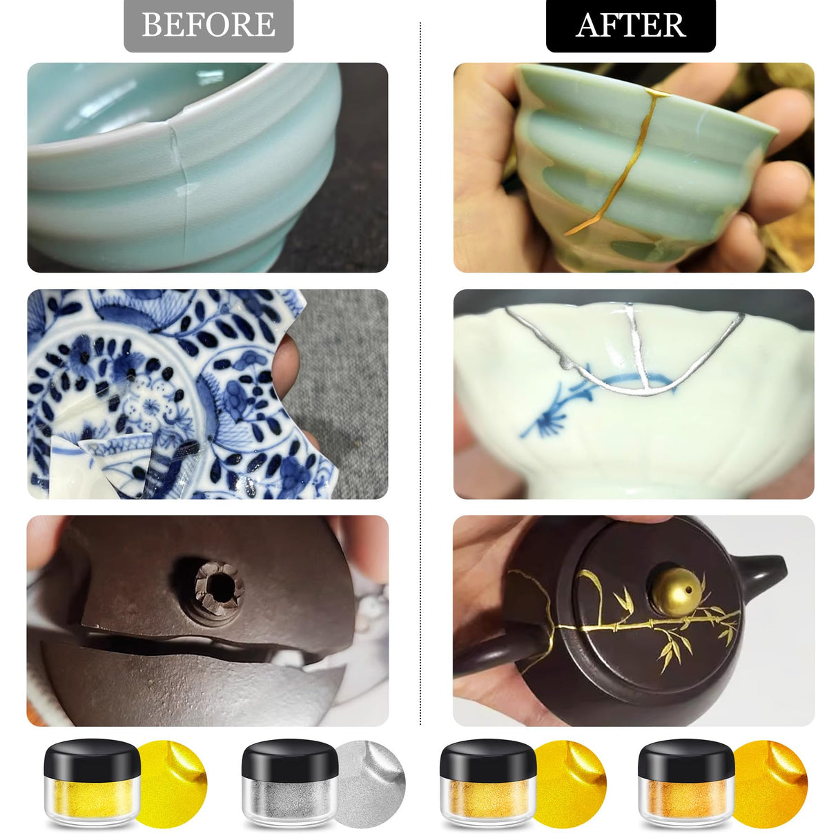 Kintsugi Repair Kit Gold & Silver - Food Safe Ceramic Glue for Broken Pottery, Porcelain, Bowls, Glass | Japanese Kintsugi Glue Perfect for Beginners Restoring Meaningful Gifts, 50ml Fuchoi