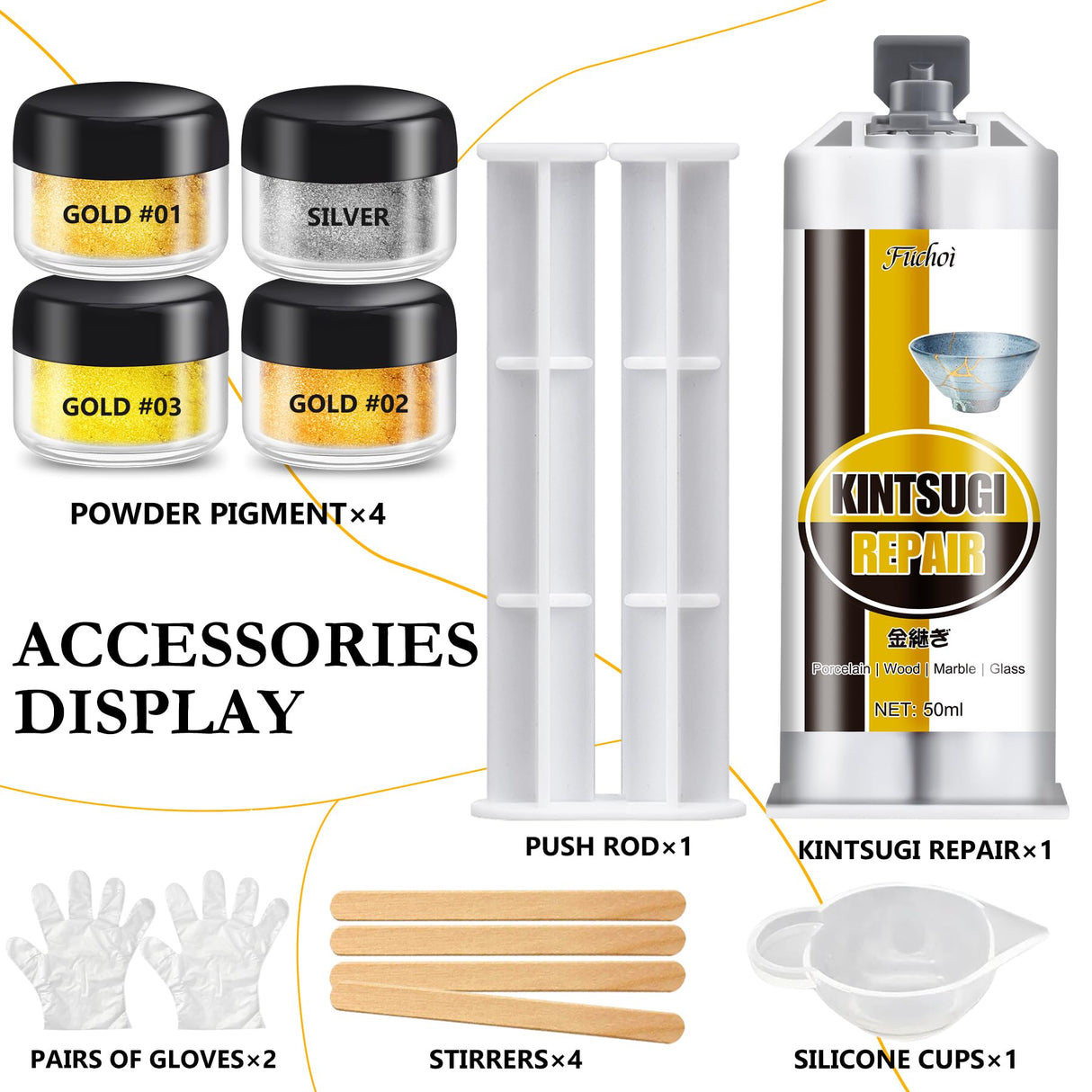Kintsugi Repair Kit Gold & Silver - Food Safe Ceramic Glue for Broken Pottery, Porcelain, Bowls, Glass | Japanese Kintsugi Glue Perfect for Beginners Restoring Meaningful Gifts, 50ml Fuchoi