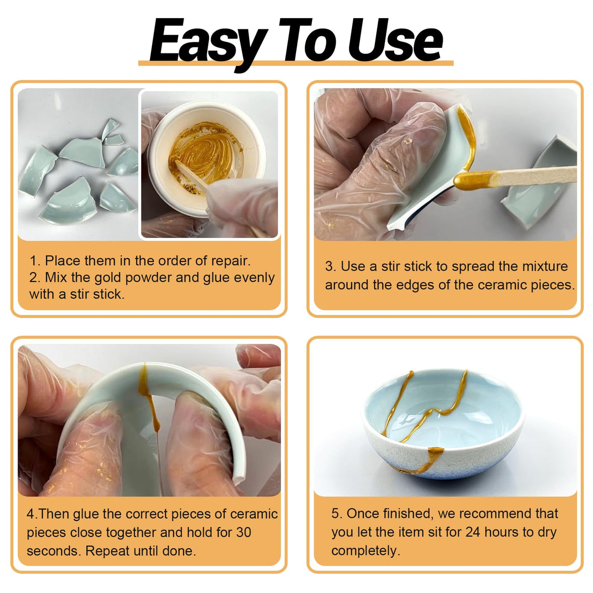 Kintsugi Repair Kit Gold, Japanese Gold Repair Kit with Practice Cup, Gold Glue for Ceramics and Porcelain Repair, Beginner Repair Broken Ceramics Kintsugi Kit, Handmade Gifts 1DFAUL