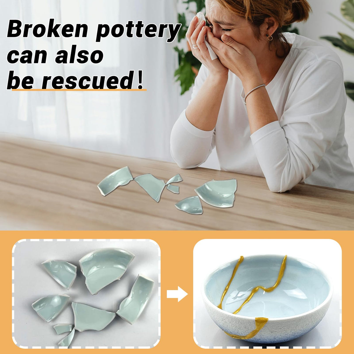 Kintsugi Repair Kit Gold, Japanese Gold Repair Kit with Practice Cup, Gold Glue for Ceramics and Porcelain Repair, Beginner Repair Broken Ceramics Kintsugi Kit, Handmade Gifts 1DFAUL