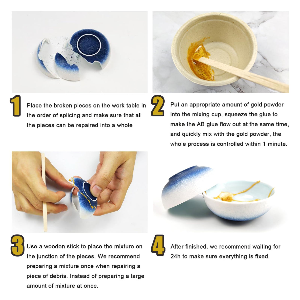 Kintsugi Repair Kit Gold, Japanese Kintsugi Kit Can Be Used to Repair Broken Ceramics, Glass, Kintsugi Glue Can Repair Your Meaningful Pottery, Create a Unique Golden Cracked Artwork,Dishwasher Safety EIGTWEN
