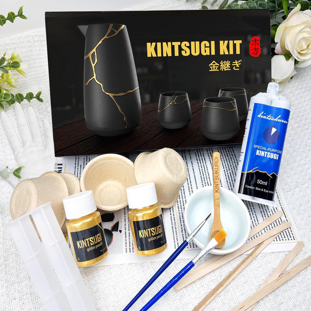 Kintsugi Repair Kit Gold, Japanese Kintsugi Kit Can Be Used to Repair Broken Ceramics, Glass, Kintsugi Glue Can Repair Your Meaningful Pottery, Create a Unique Golden Cracked Artwork,Dishwasher Safety EIGTWEN