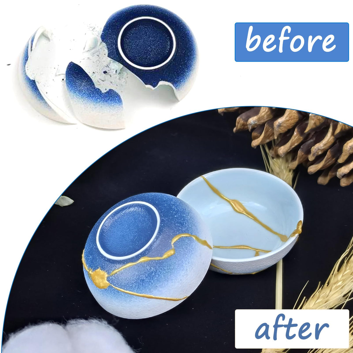 Kintsugi Repair Kit Gold, Japanese Kintsugi Kit Can Be Used to Repair Broken Ceramics, Glass, Kintsugi Glue Can Repair Your Meaningful Pottery, Create a Unique Golden Cracked Artwork,Dishwasher Safety EIGTWEN