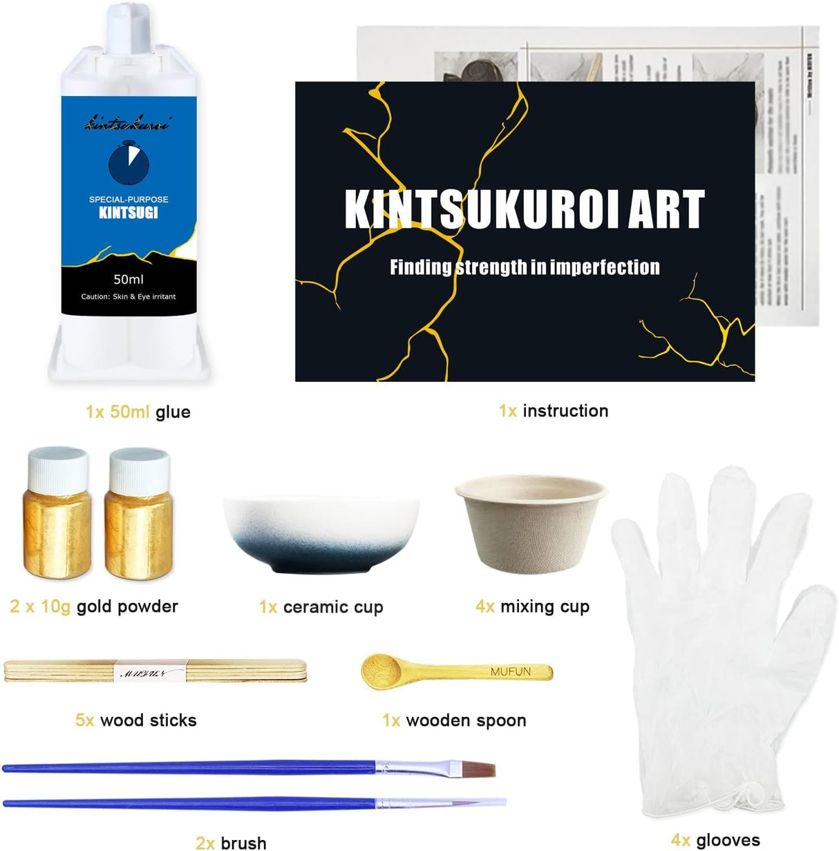 Kintsugi Repair Kit Gold, Japanese Kintsugi Kit Can Be Used to Repair Broken Ceramics, Glass, Kintsugi Glue Can Repair Your Meaningful Pottery, Create a Unique Golden Cracked Artwork,Dishwasher Safety EIGTWEN