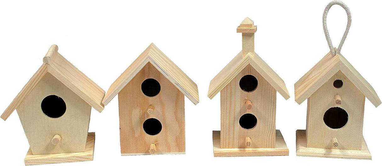Mini 4 Inch Tall Birdhouse, Set of 4 Styles, Small Unfinished Wood Ready to Paint or Decorate WoodArtSupply