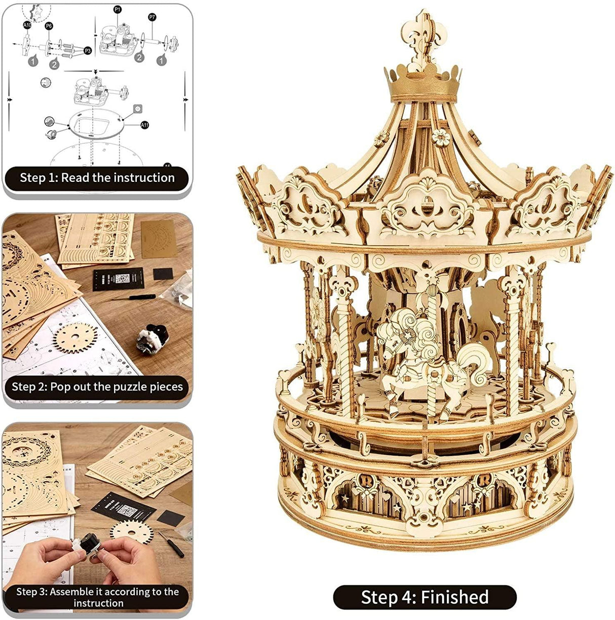 Romantic Carousel Music Box 3D Puzzle for Adults WoodArtSupply