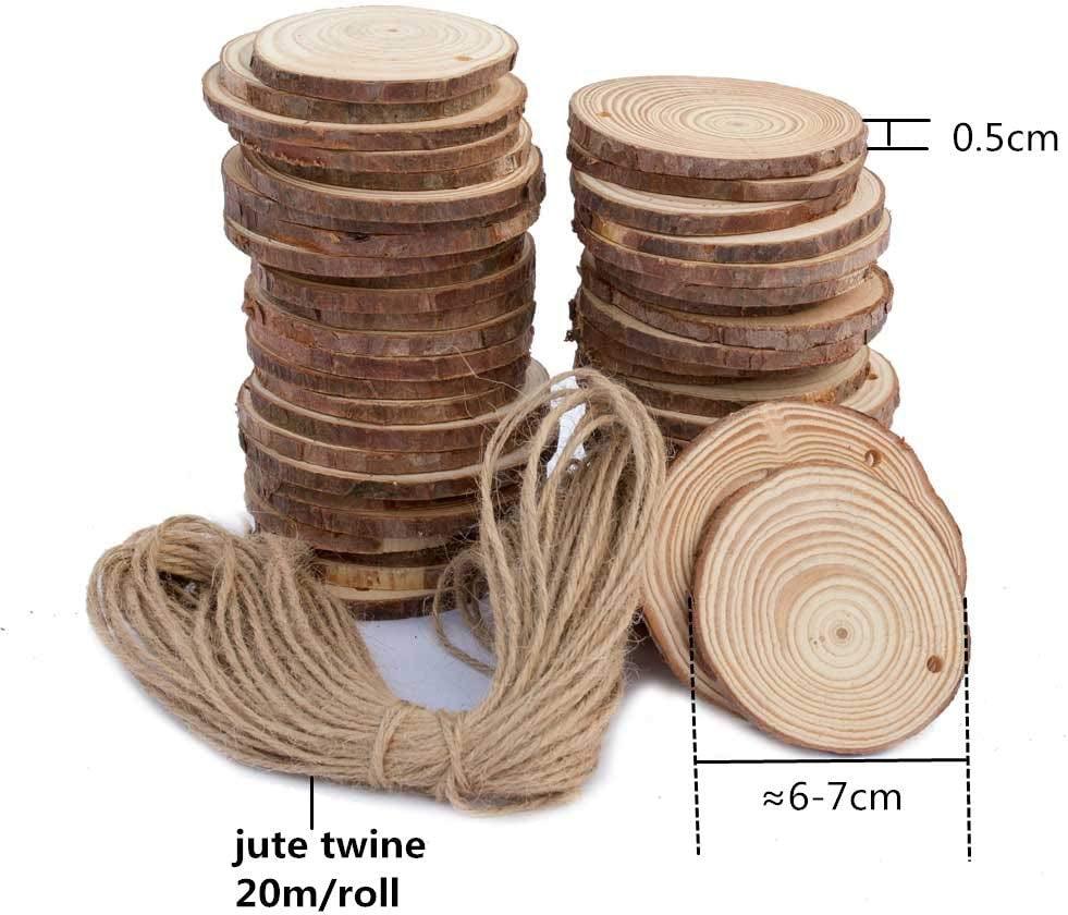 Natural Wood Slices 50 Pcs 2.4"-2.8" Craft Wood Kit Unfinished Predrilled with Hole Wooden Circles WoodArtSupply