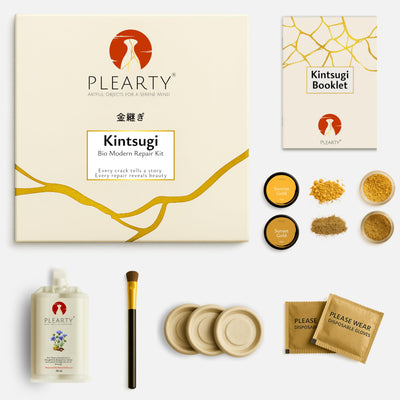PLEARTY Kintsugi Repair Kit Food-Safe Linseed Resin Dishwasher-Proof 20g Metallic Gold Mica Powder Detailed Booklet Modern Kintsugi kit for Beginners Japanese Art Gold Repair Kit
