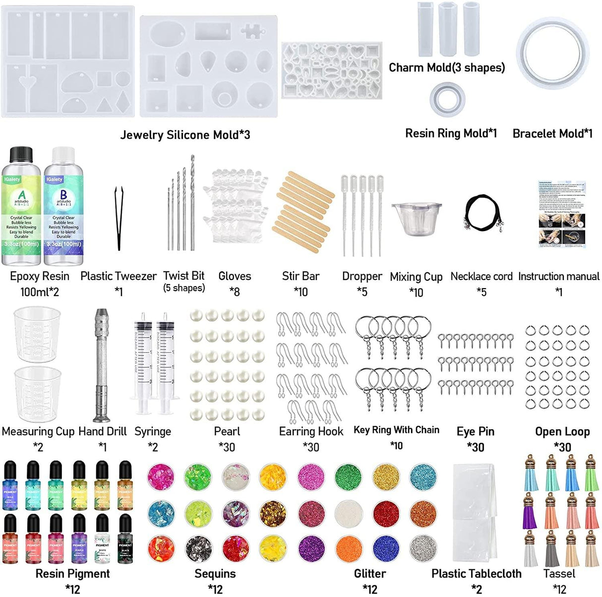 Resin Jewelry Making Kit 240 Pcs Silicone Epoxy Mold Set Keychain Starter Kit Bundle WoodArtSupply