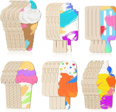 Unfinished Ice Cream Wood Cutouts Summer DIY Cutouts for Crafts Wooden Decor Art Paint 6 Styles(30 Pieces)