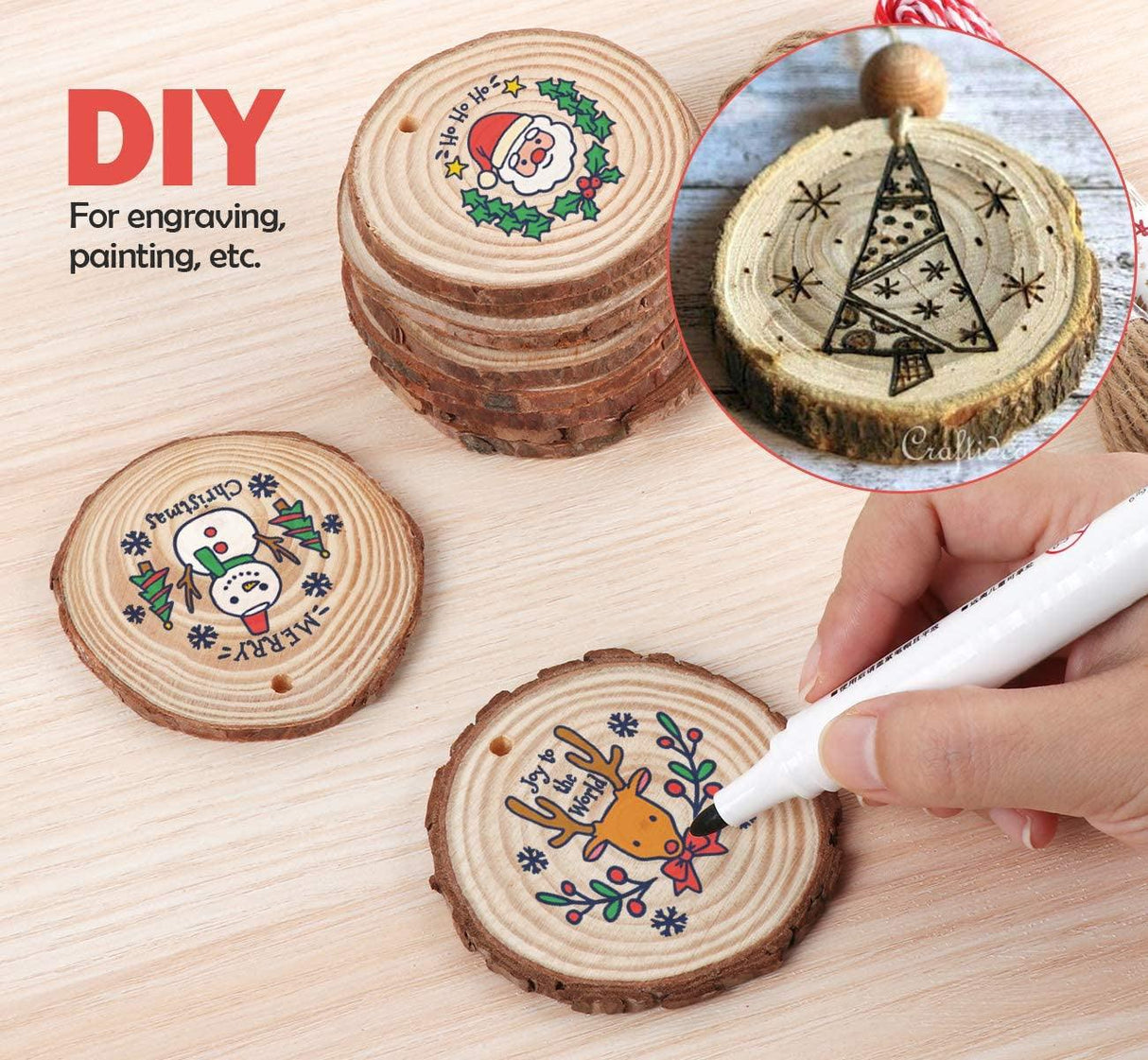 Unfinished Wood Slices 50 Pcs 2.4"-2.8" Natural Rounds with Pre-Drilled Hole and 66 Feet Twine String WoodArtSupply