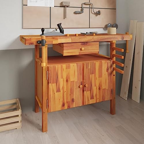 'vidaXL Solid Acacia Wood Workbench with Drawer and Vices – Ample Storage Space - Perfect for Garage, Workshop and Shed vidaXL