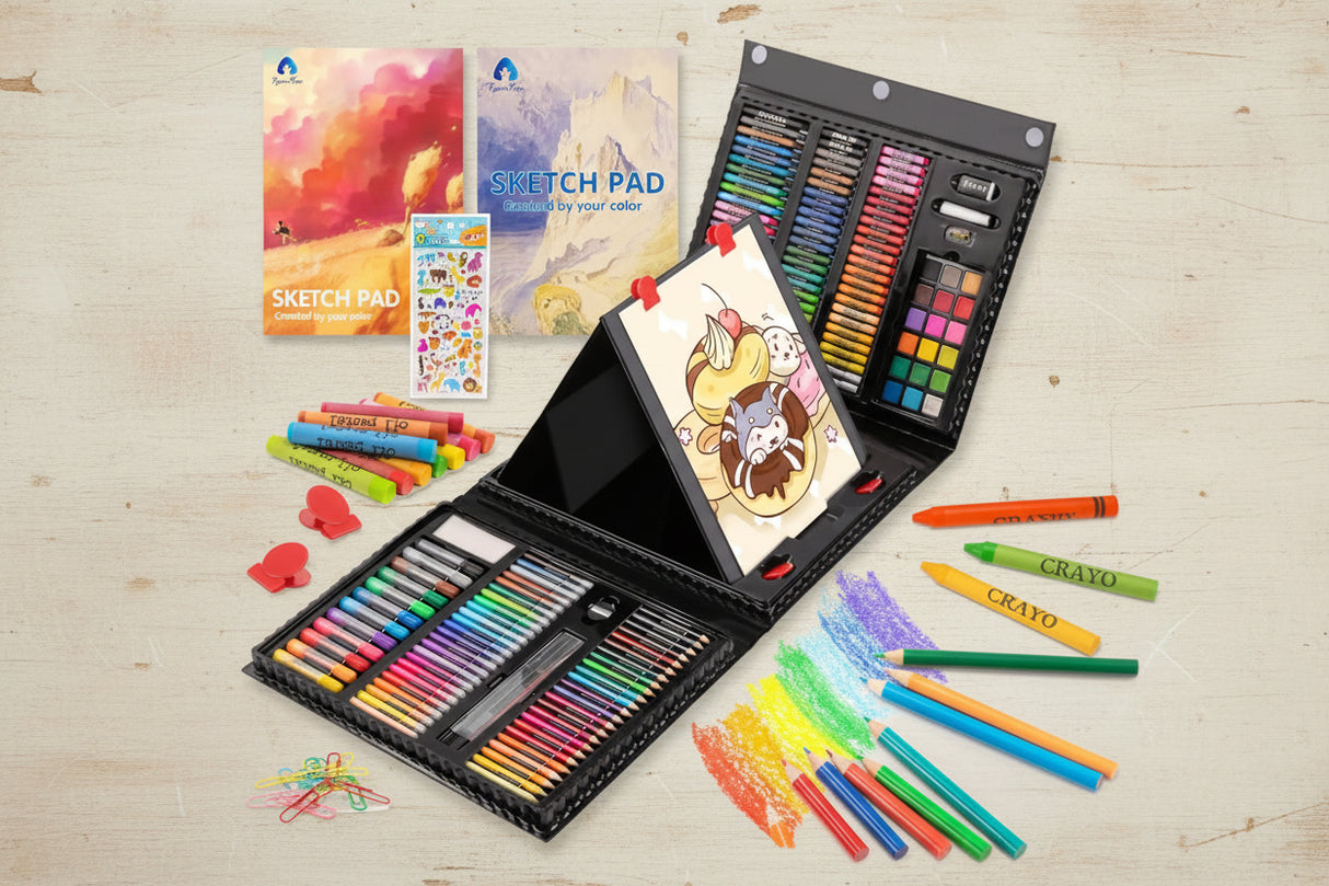 240‑Piece Art Set – Trifold Easel Kit with Crayons, Colored Pencils & Sketch Pads (Black) WoodArtSupply