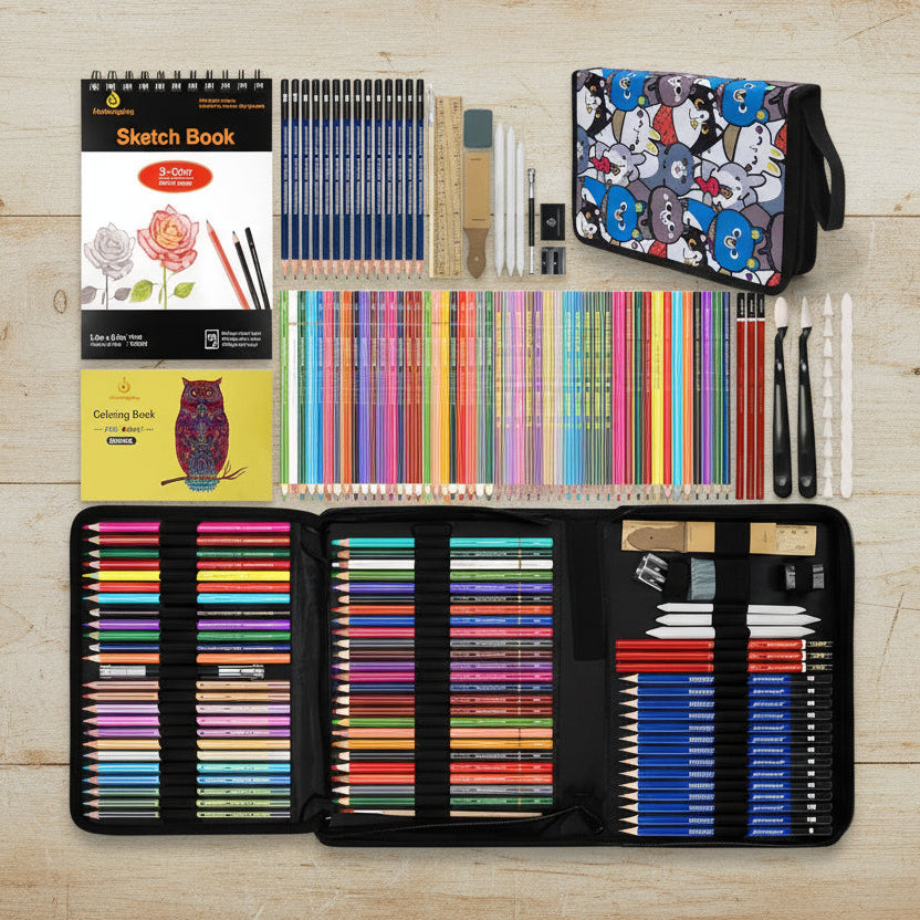 100‑Piece Drawing Kit – Graphite, Charcoal & Watercolor Pencils with Sketchbooks & Artist Case WoodArtSupply