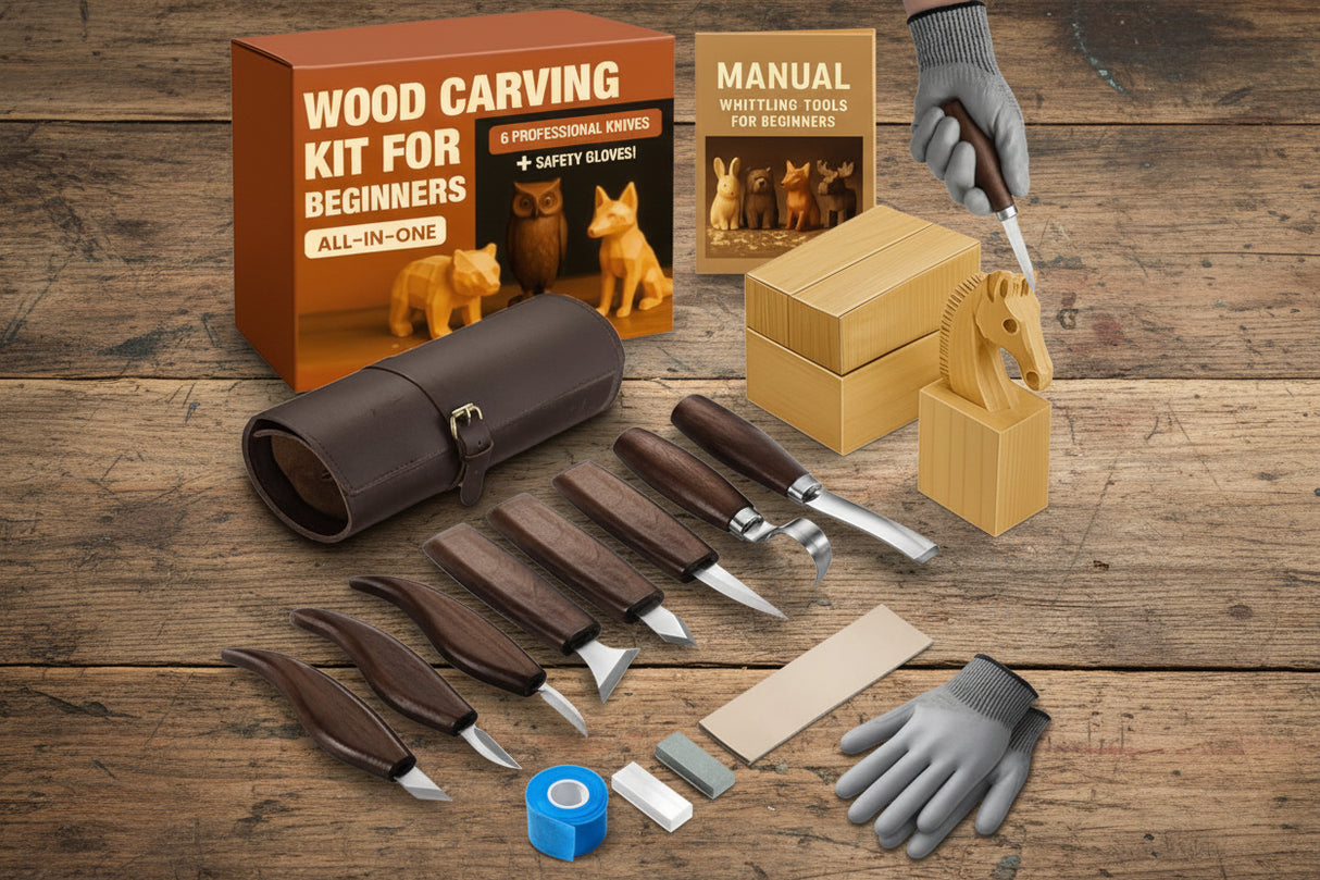 Wood Carving Kit for Beginners – 8 Knives, Spoon Tools, Wood Blocks, Gloves, Roll Bag & Strop WoodArtSupply