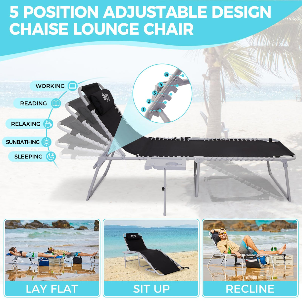 #WEJOY 2 Pack Outdoor Chaise Lounge Chair - Portable Folding Patio Pool Lounge Chair, 5 Positions Adjustable Reclining Camping Chair with Side Table,Shoulder Strap, Pillow for Beach Sunbathing Lawn #WEJOY
