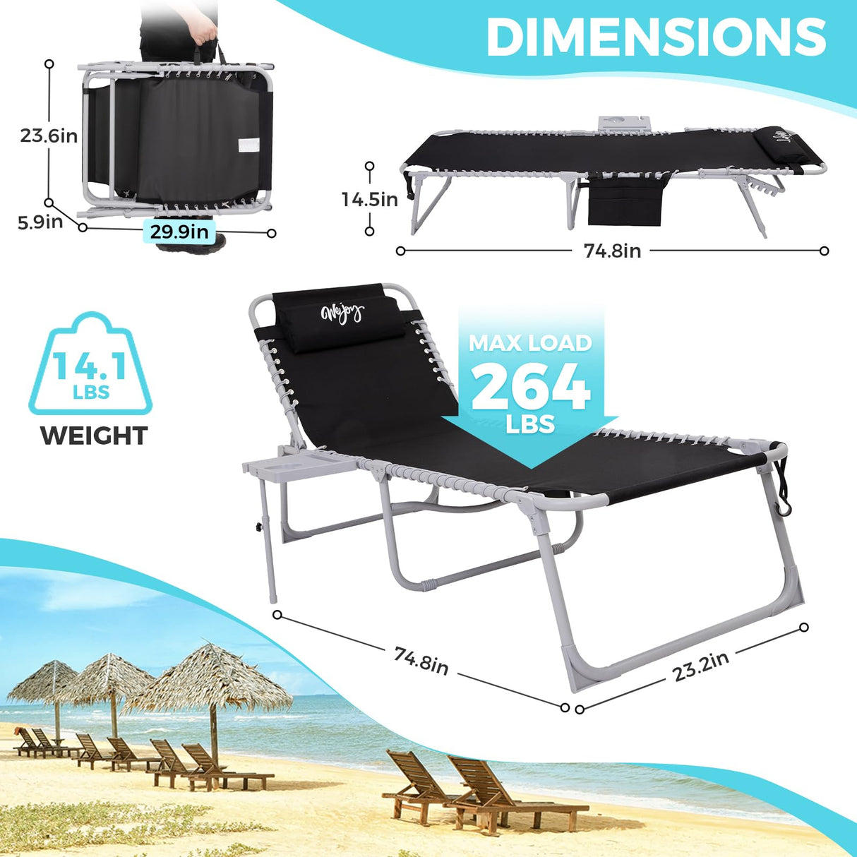 #WEJOY 2 Pack Outdoor Chaise Lounge Chair - Portable Folding Patio Pool Lounge Chair, 5 Positions Adjustable Reclining Camping Chair with Side Table,Shoulder Strap, Pillow for Beach Sunbathing Lawn #WEJOY