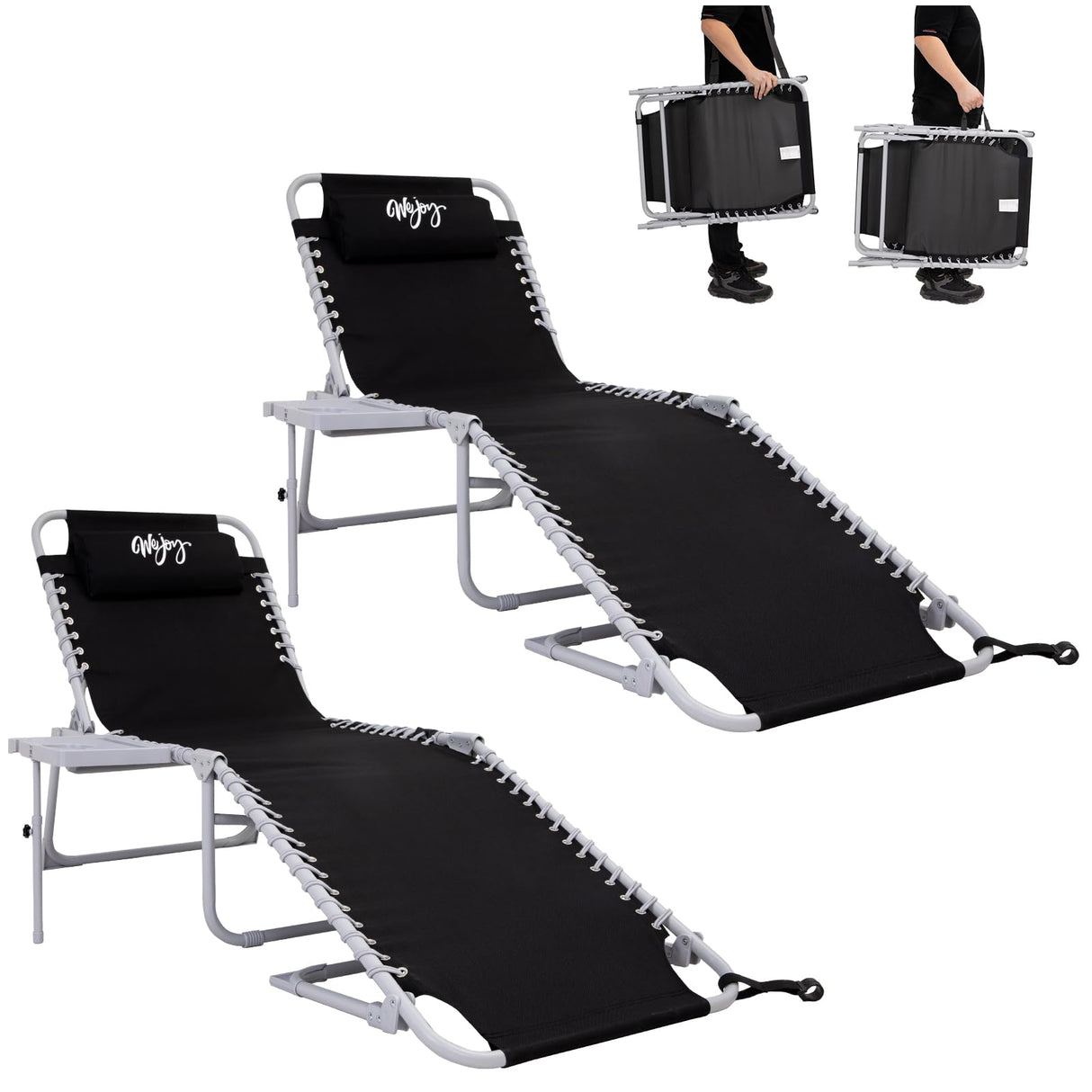 #WEJOY 2 Pack Outdoor Chaise Lounge Chair - Portable Folding Patio Pool Lounge Chair, 5 Positions Adjustable Reclining Camping Chair with Side Table,Shoulder Strap, Pillow for Beach Sunbathing Lawn #WEJOY