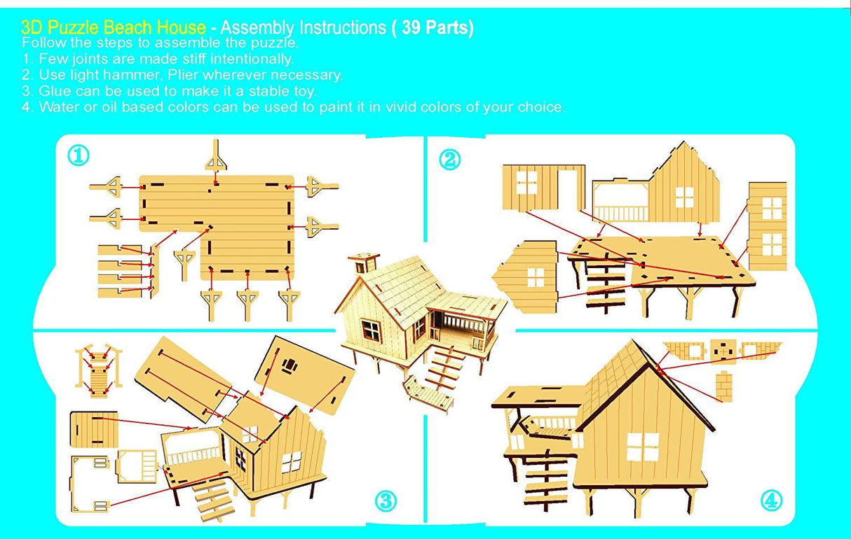 StonKraft Beach House Wooden 3D Puzzle Kit - DIY Home Decor & Construction Toy WoodArtSupply