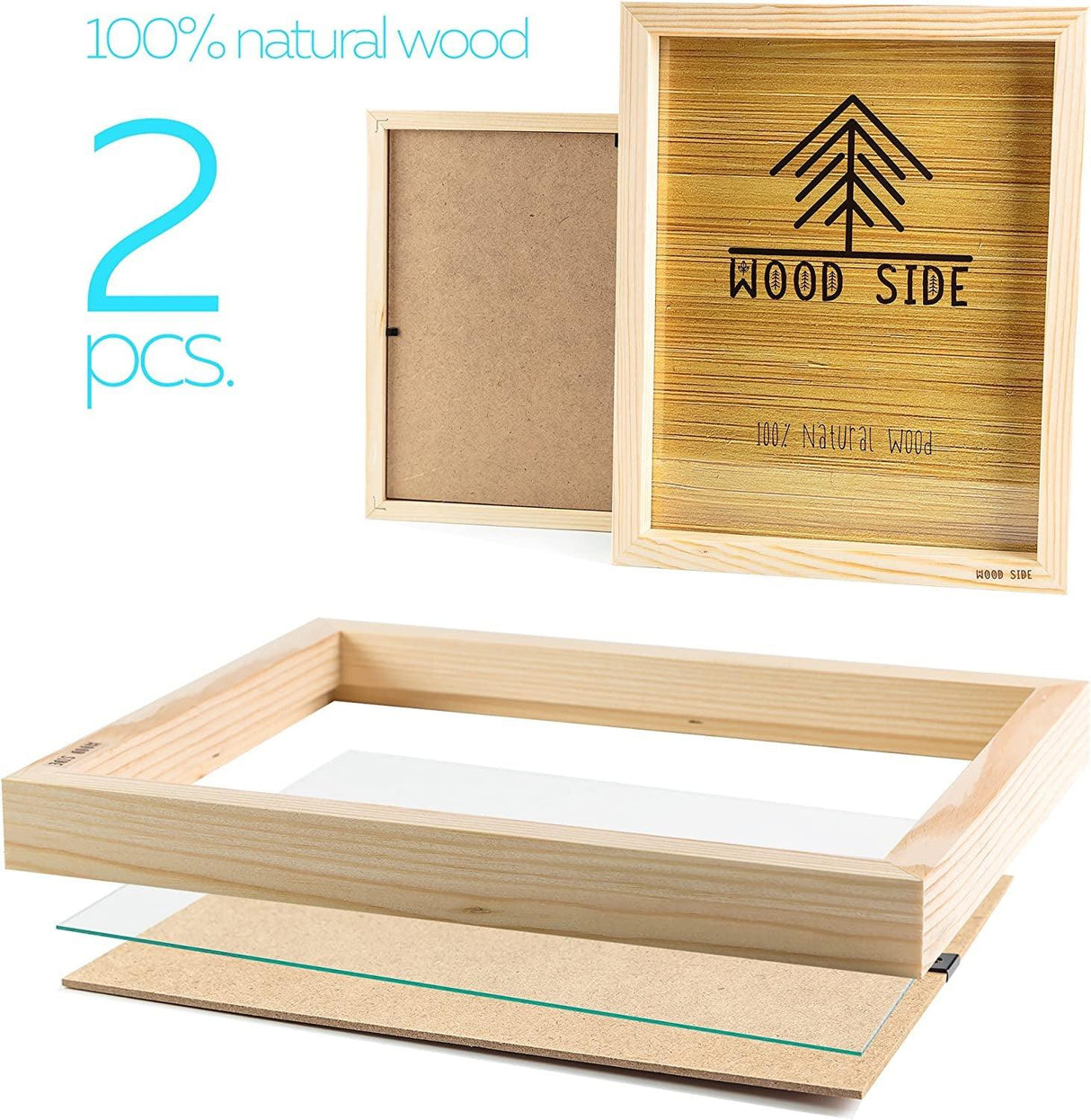 Wooden Picture Frames 8X10" Real Glass Set of 2 100% Eco Unfinished Wood Thick Borders Natural WoodArtSupply