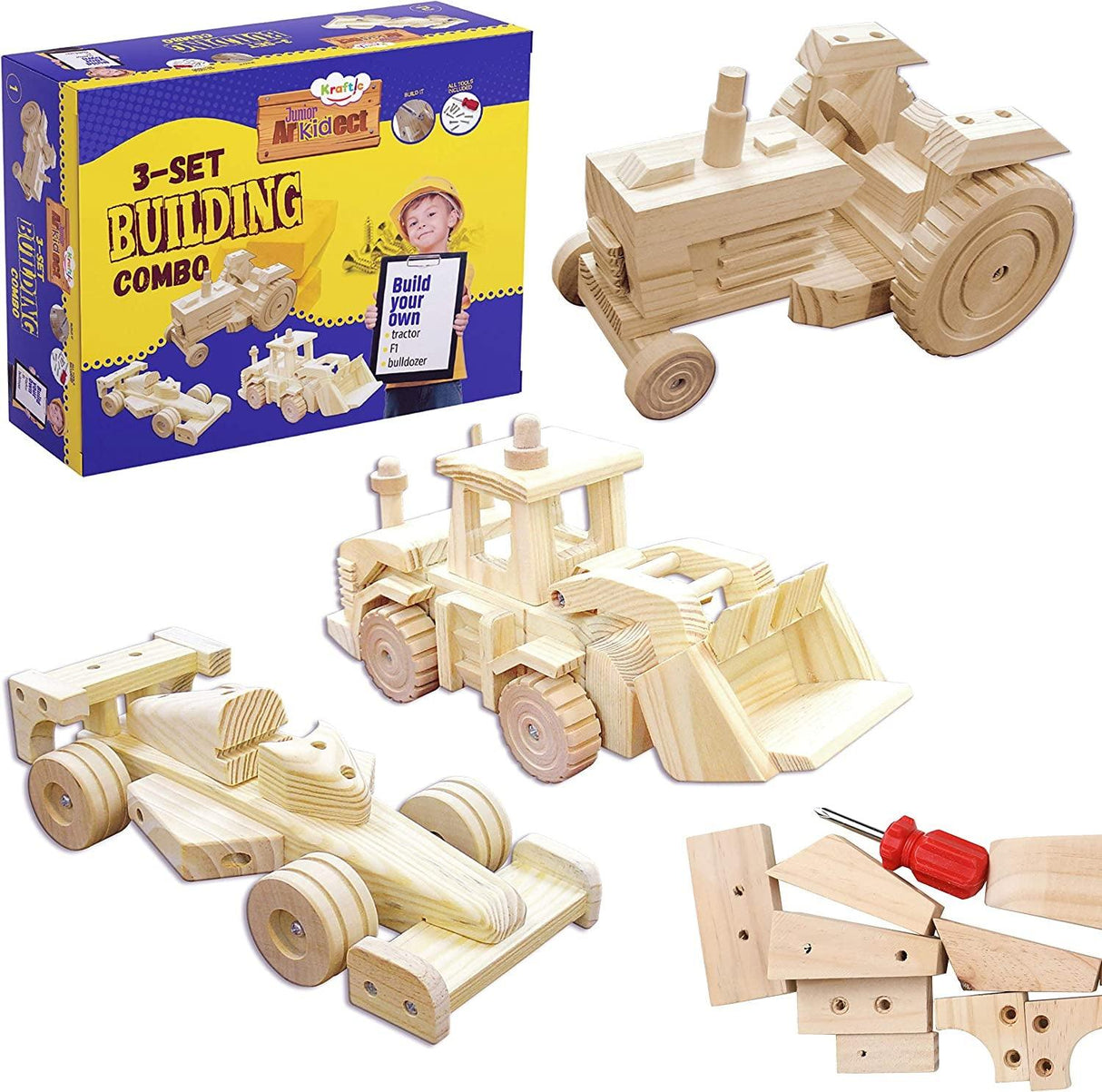 Woodworking Building Kit 3 Educational DIY Carpentry Construction Wood Kit Toy Tractor, Bulldozer and F1 WoodArtSupply